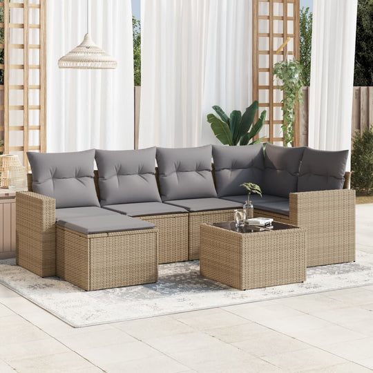 vidaXL 7-tlg. Garten-Sofagarnitur mit Kissen Beige Poly Rattan