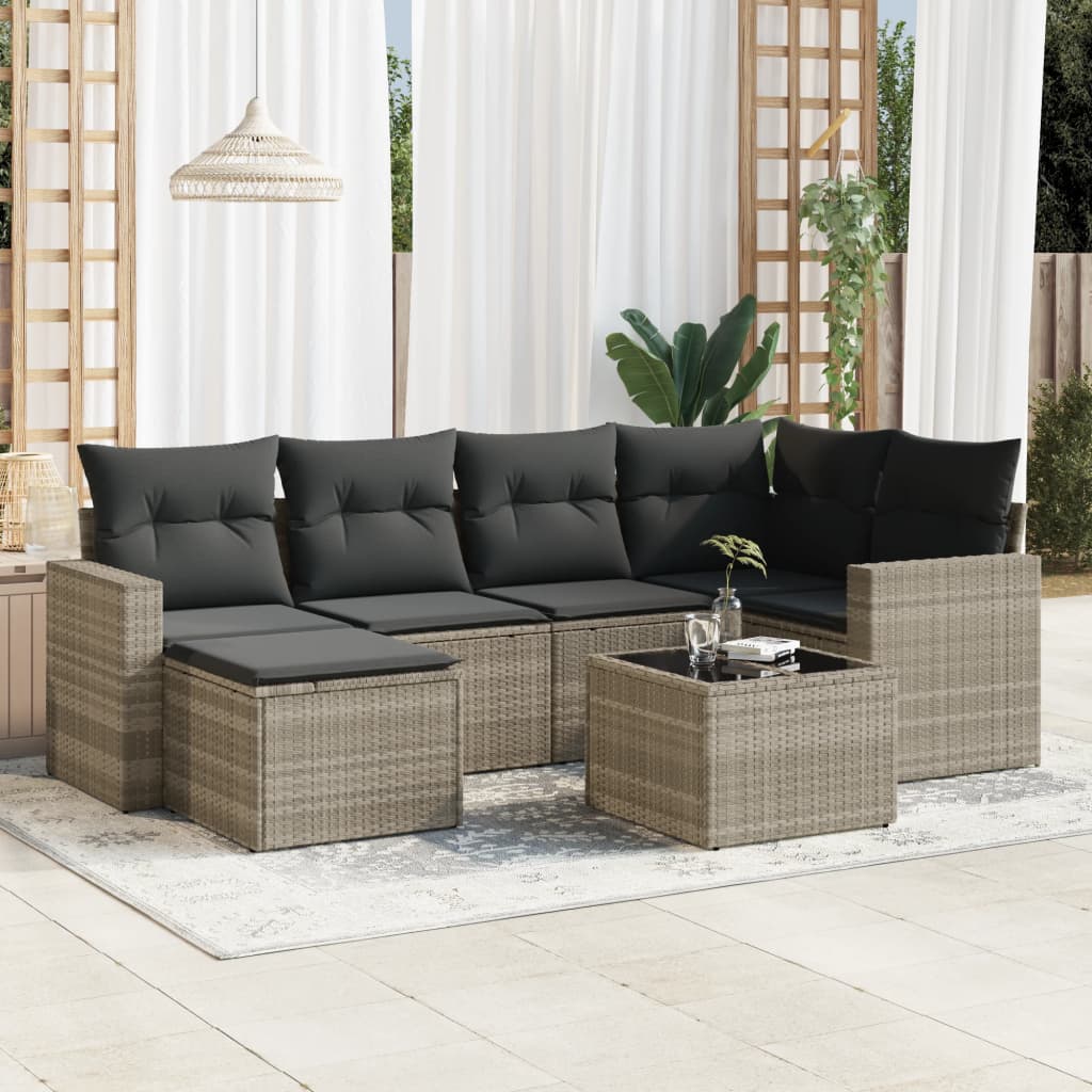 vidaXL 7-tlg. Garten-Sofagarnitur mit Kissen Hellgrau Poly Rattan