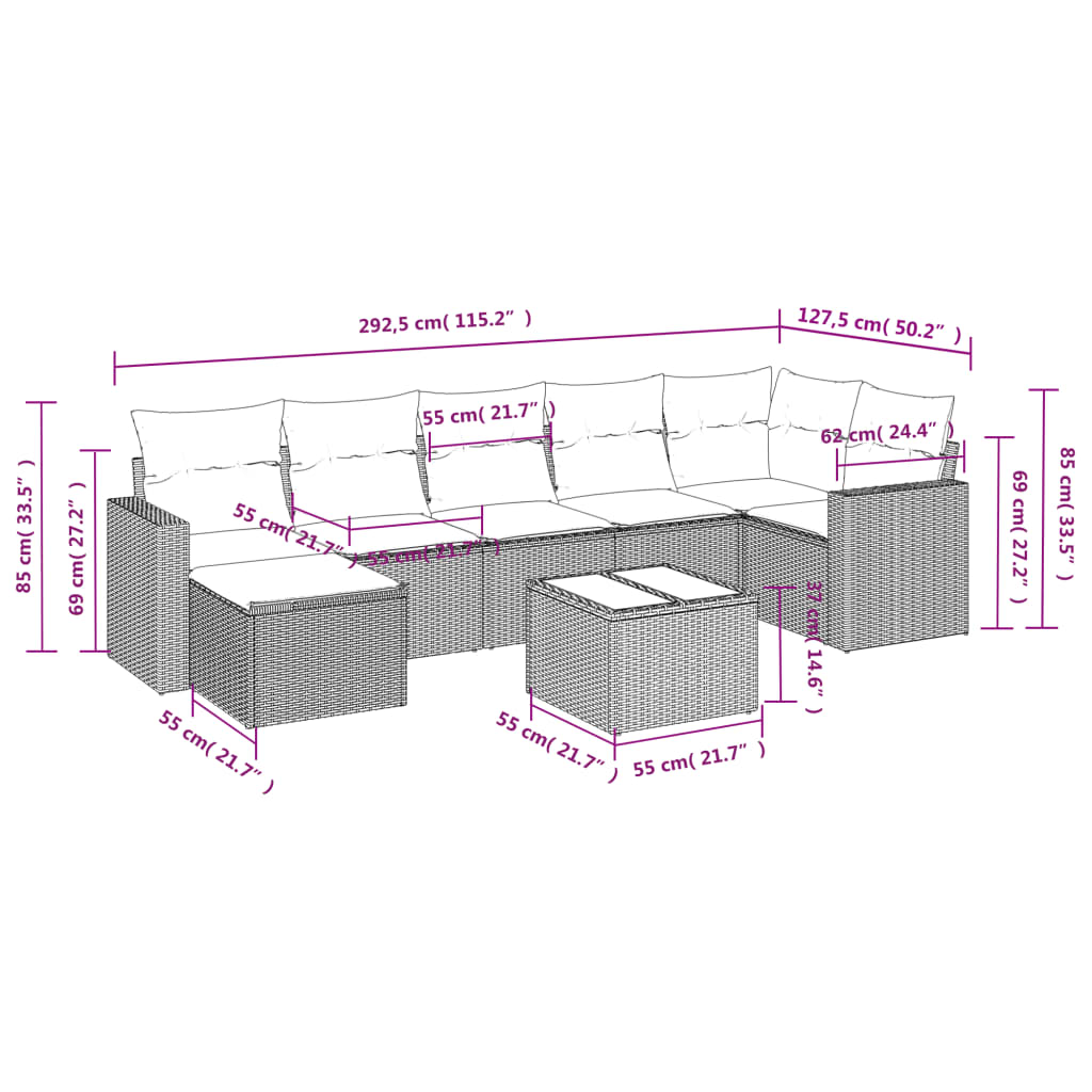 vidaXL 8-tlg. Garten-Sofagarnitur mit Kissen Beige Poly Rattan