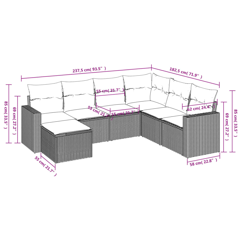 vidaXL 7-tlg. Garten-Sofagarnitur mit Kissen Schwarz Poly Rattan