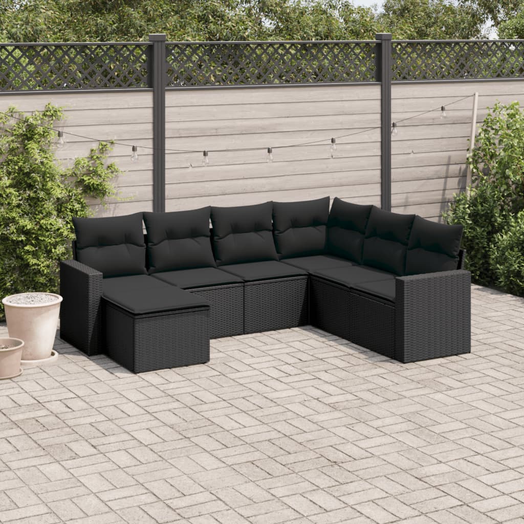 vidaXL 7-tlg. Garten-Sofagarnitur mit Kissen Schwarz Poly Rattan