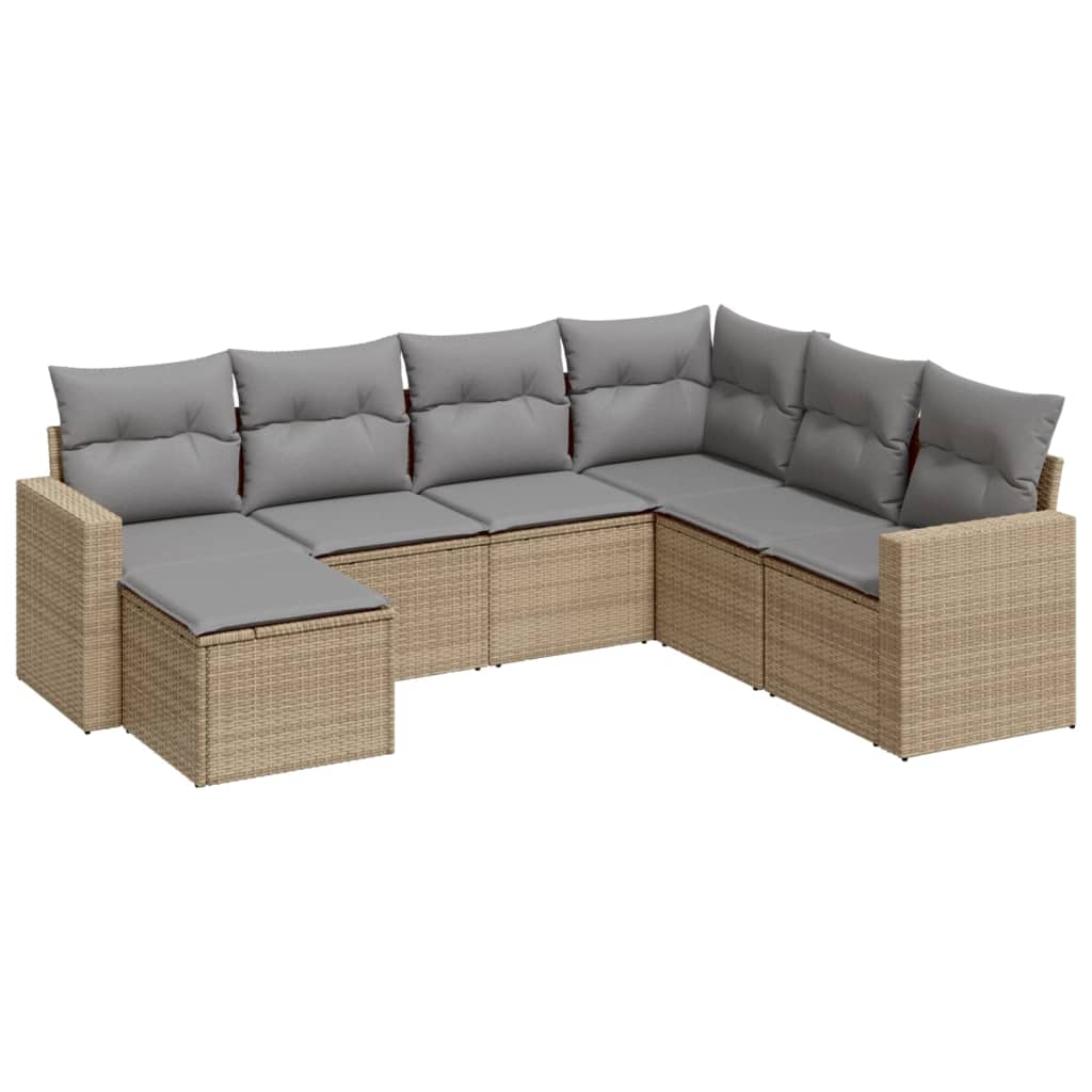 vidaXL 7-tlg. Garten-Sofagarnitur mit Kissen Beige Poly Rattan