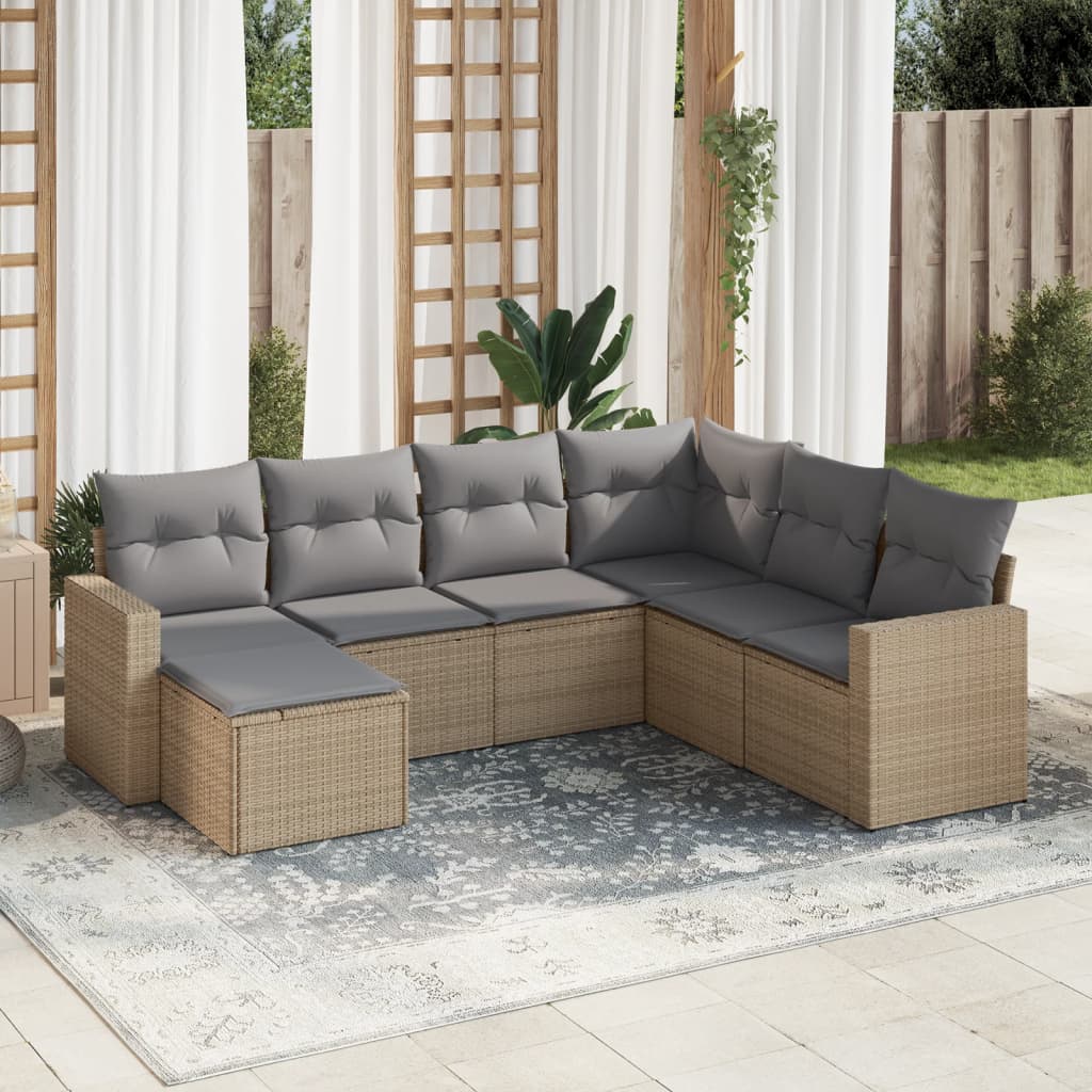 vidaXL 7-tlg. Garten-Sofagarnitur mit Kissen Beige Poly Rattan