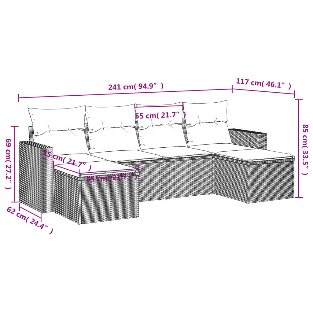 vidaXL 6-tlg. Garten-Sofagarnitur mit Kissen Schwarz Poly Rattan