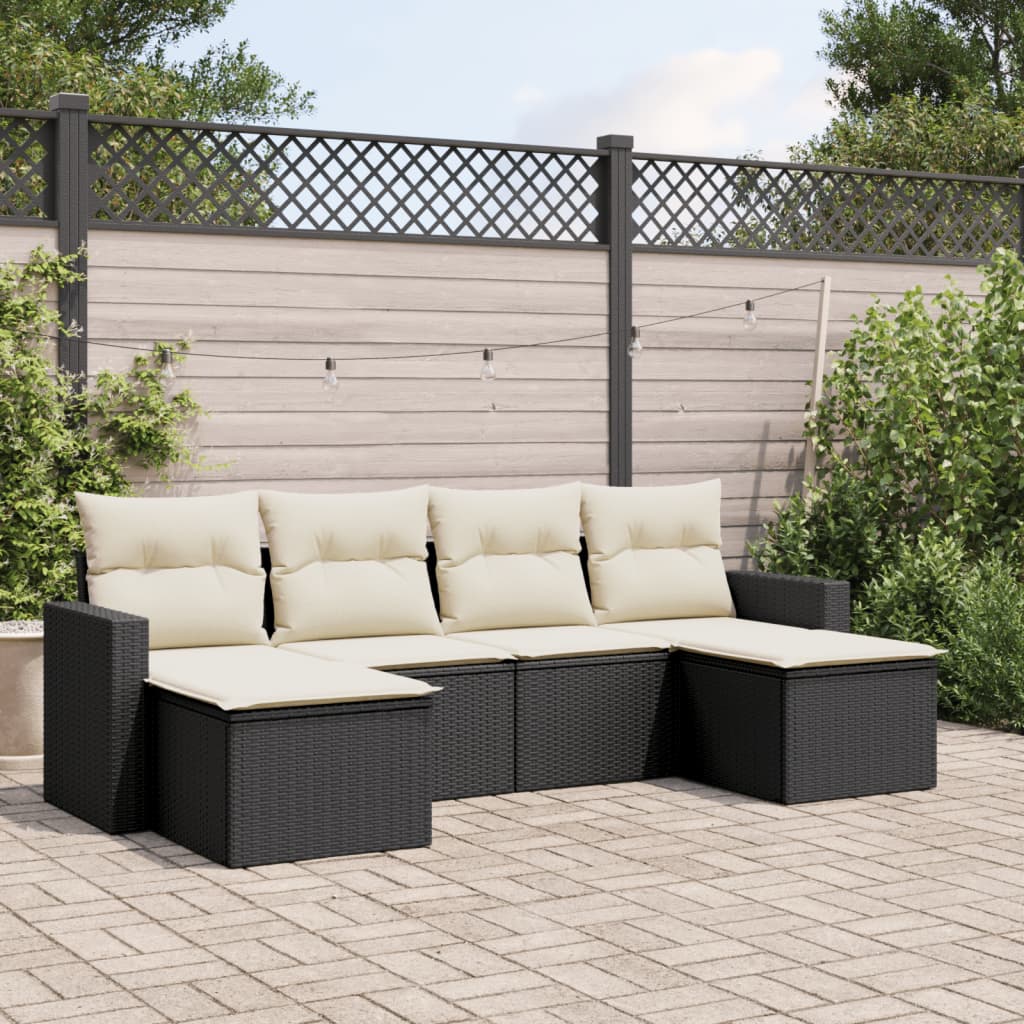 vidaXL 6-tlg. Garten-Sofagarnitur mit Kissen Schwarz Poly Rattan