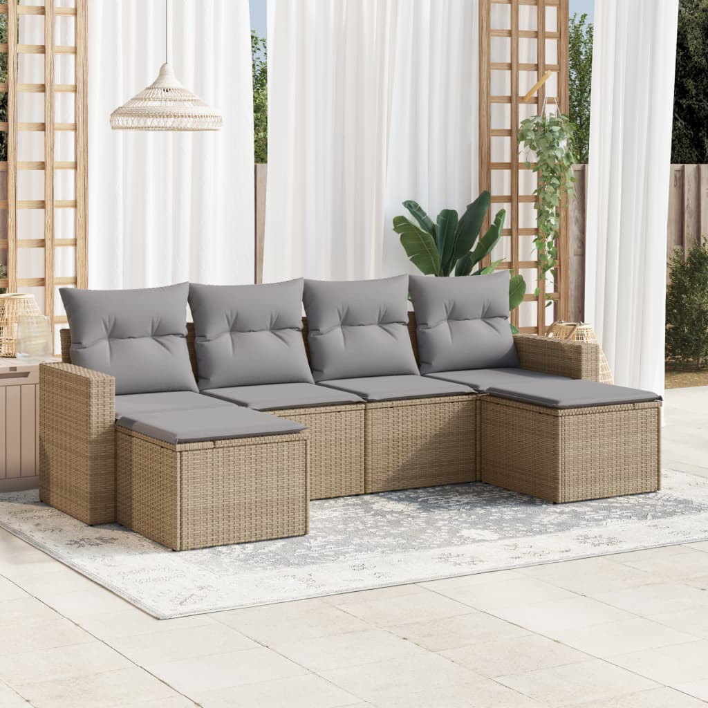 vidaXL 6-tlg. Garten-Sofagarnitur mit Kissen Beige Poly Rattan