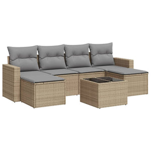 vidaXL 7-tlg. Garten-Sofagarnitur mit Kissen Beige Poly Rattan