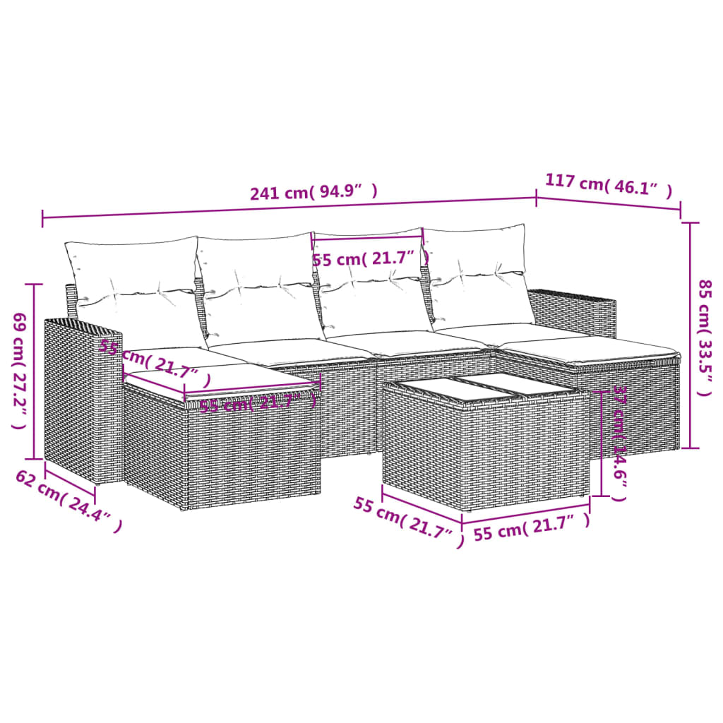 vidaXL 7-tlg. Garten-Sofagarnitur mit Kissen Beige Poly Rattan