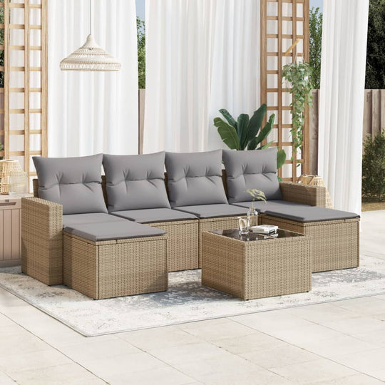 vidaXL 7-tlg. Garten-Sofagarnitur mit Kissen Beige Poly Rattan