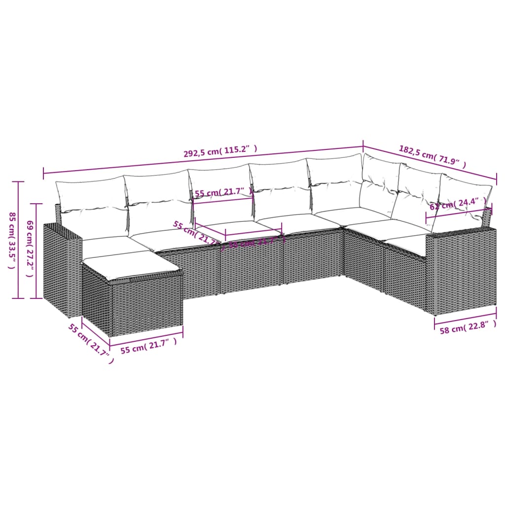 vidaXL 8-tlg. Garten-Sofagarnitur mit Kissen Schwarz Poly Rattan