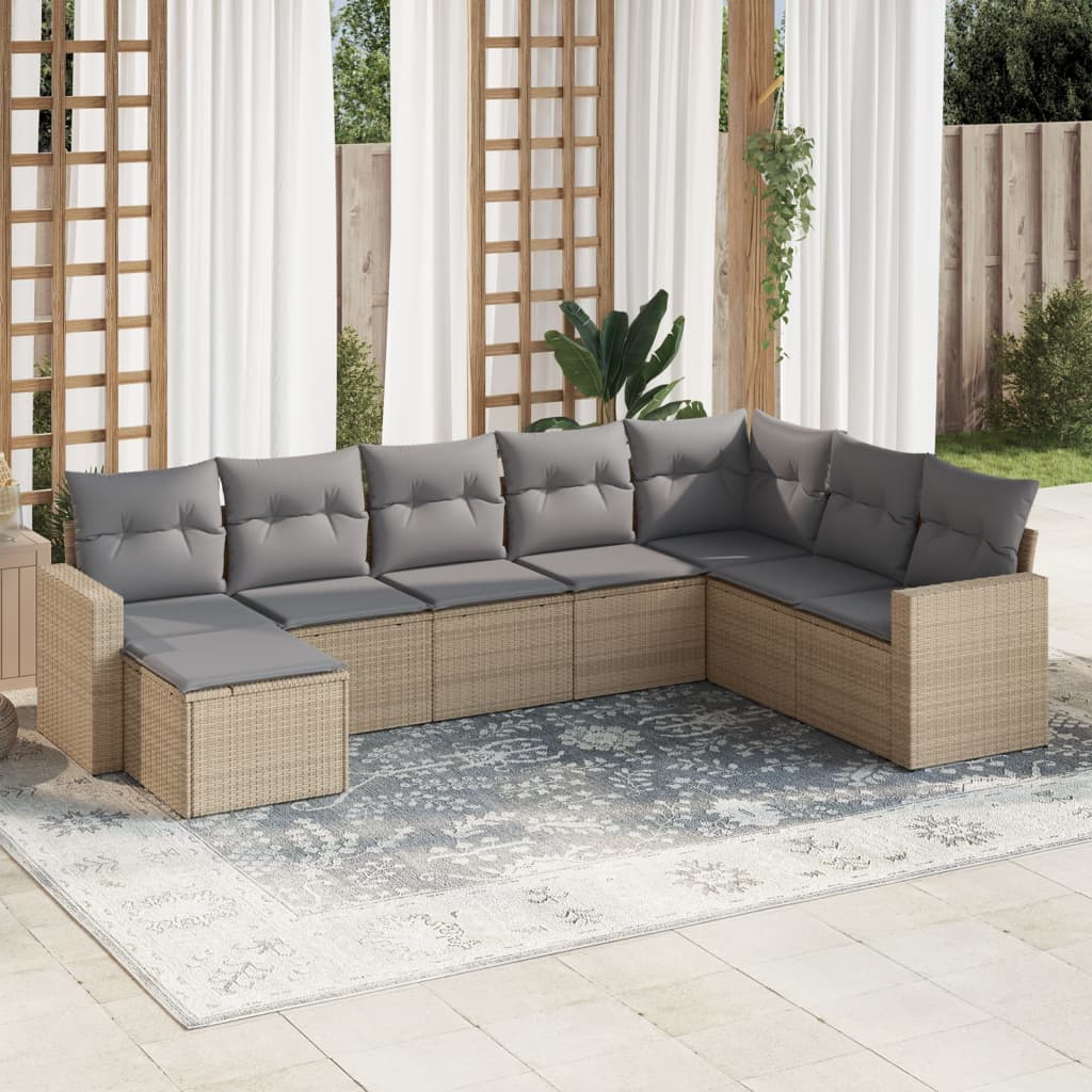 vidaXL 8-tlg. Garten-Sofagarnitur mit Kissen Beige Poly Rattan