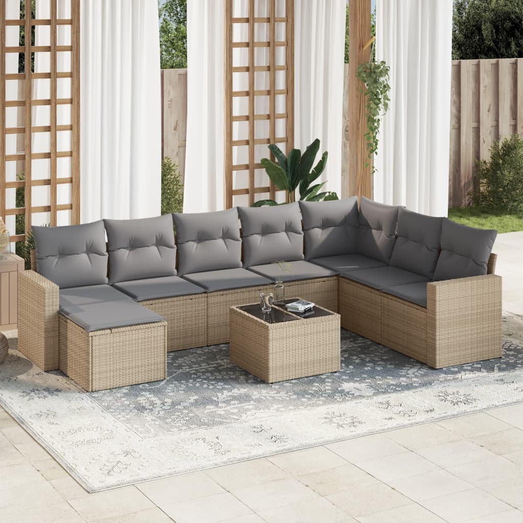 vidaXL 9-tlg. Garten-Sofagarnitur mit Kissen Beige Poly Rattan