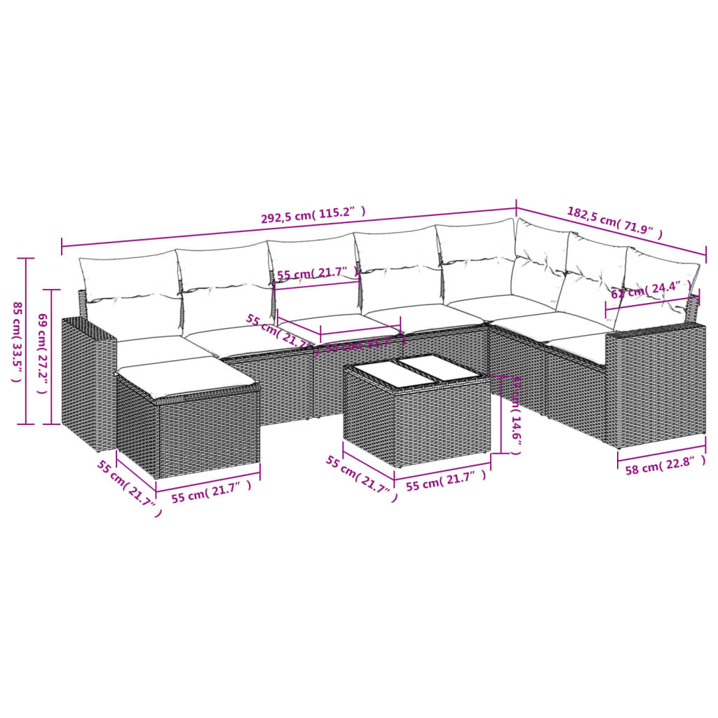 vidaXL 9-tlg. Garten-Sofagarnitur mit Kissen Hellgrau Poly Rattan