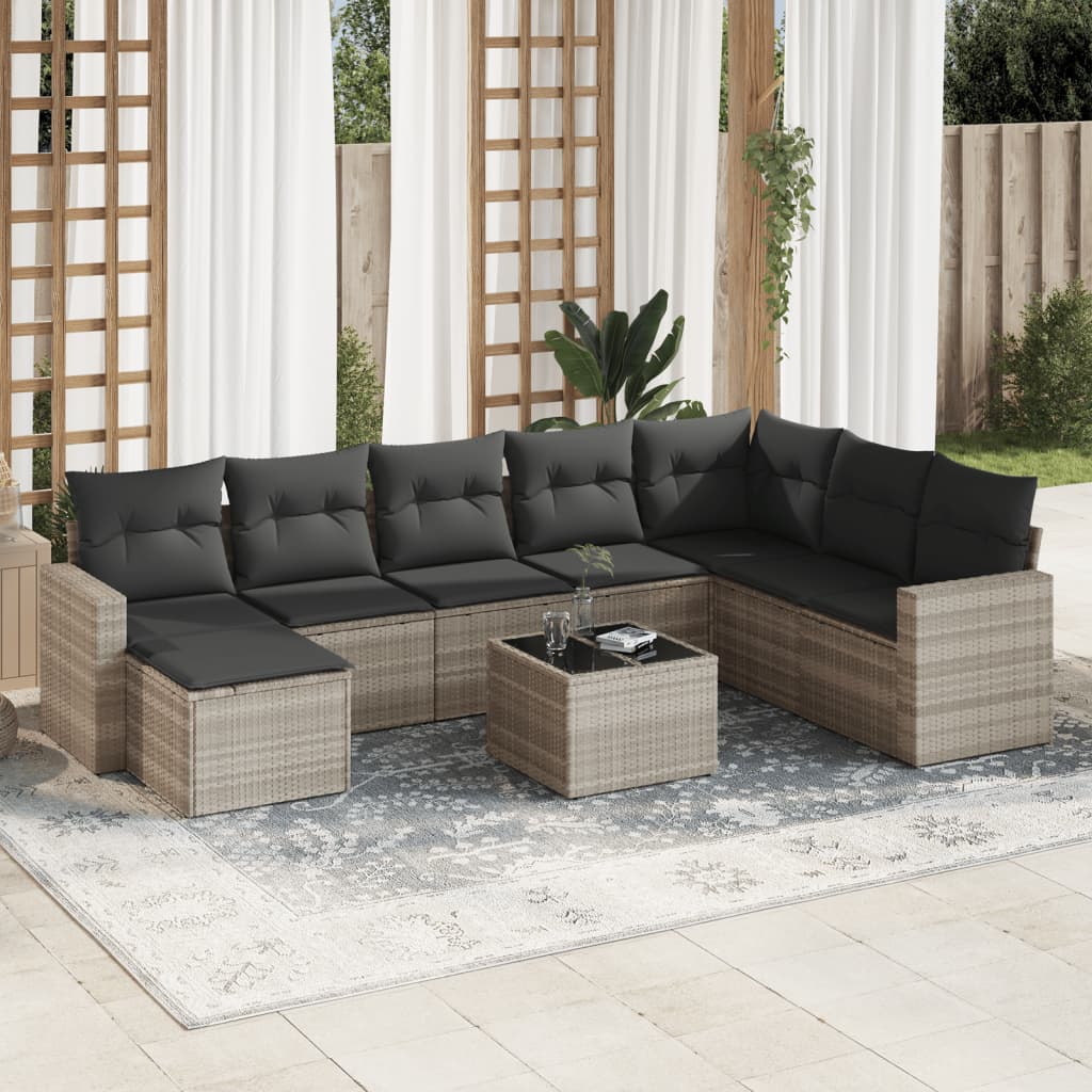 vidaXL 9-tlg. Garten-Sofagarnitur mit Kissen Hellgrau Poly Rattan