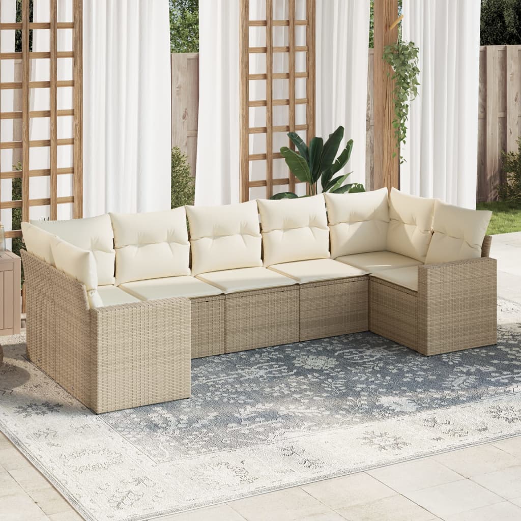 vidaXL 7-tlg. Garten-Sofagarnitur mit Kissen Beige Poly Rattan