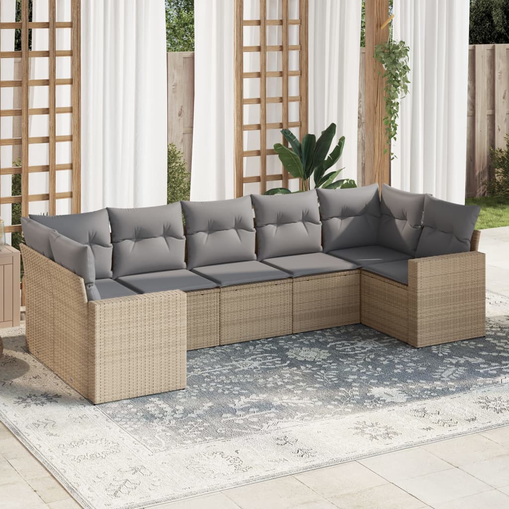 vidaXL 7-tlg. Garten-Sofagarnitur mit Kissen Beige Poly Rattan