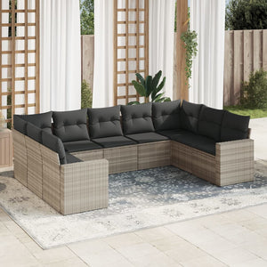 vidaXL 9-tlg. Garten-Sofagarnitur mit Kissen Hellgrau Poly Rattan