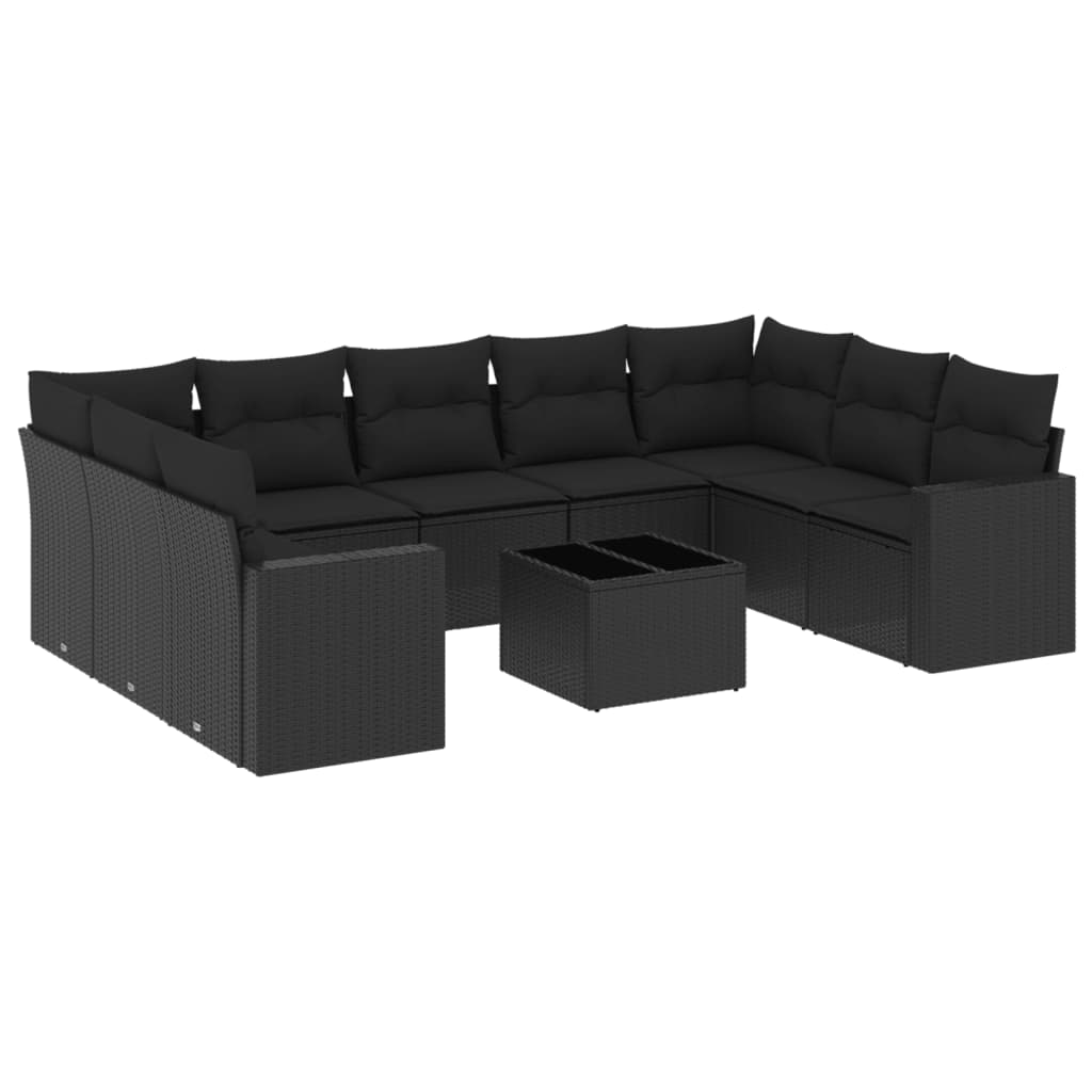 vidaXL 10-tlg. Garten-Sofagarnitur mit Kissen Schwarz Poly Rattan