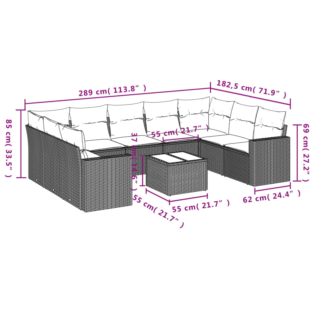 vidaXL 10-tlg. Garten-Sofagarnitur mit Kissen Schwarz Poly Rattan