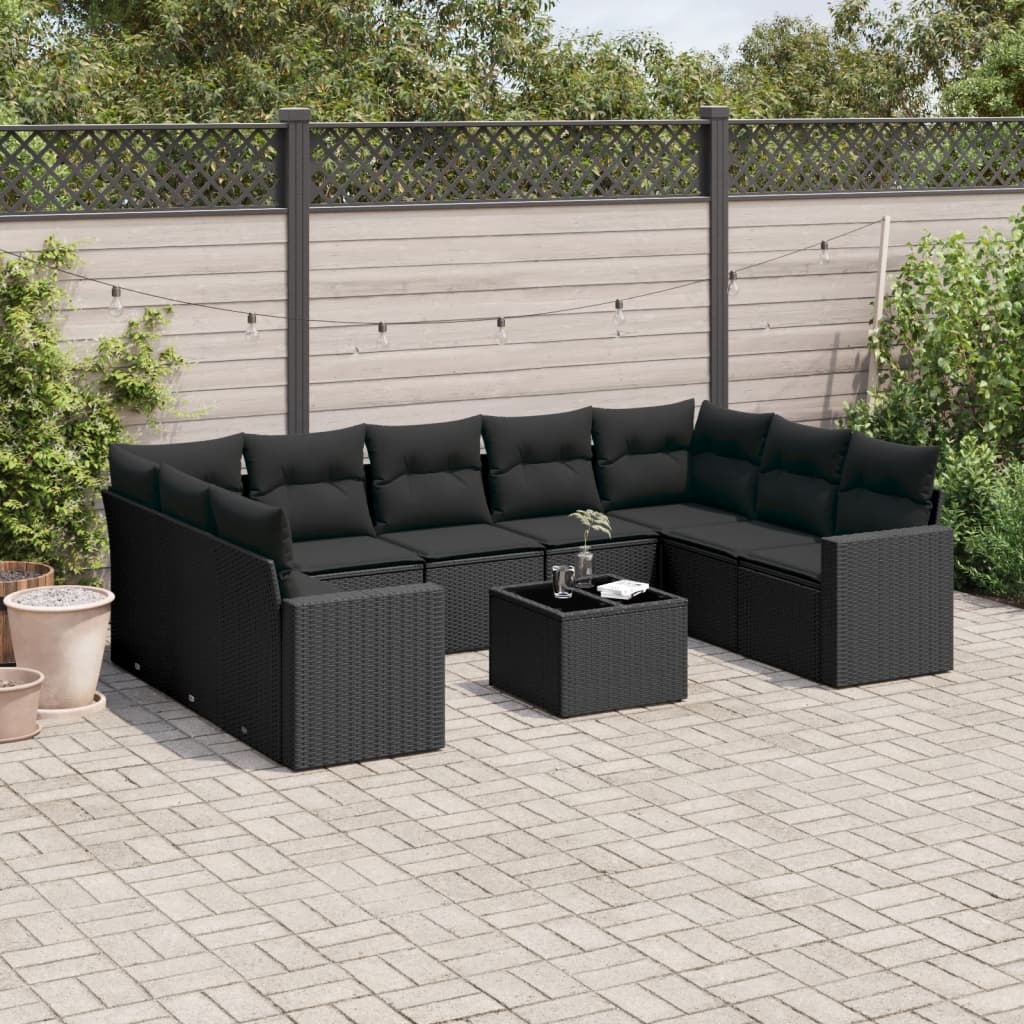 vidaXL 10-tlg. Garten-Sofagarnitur mit Kissen Schwarz Poly Rattan