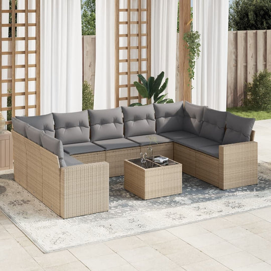 vidaXL 10-tlg. Garten-Sofagarnitur mit Kissen Beige Poly Rattan