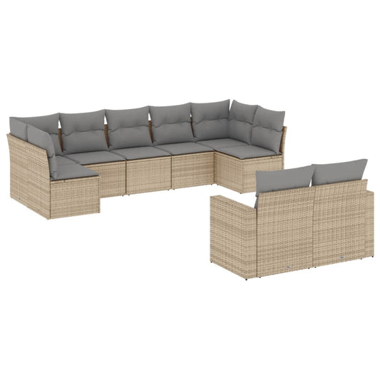 vidaXL 9-tlg. Garten-Sofagarnitur mit Kissen Beige Poly Rattan