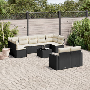 vidaXL 10-tlg. Garten-Sofagarnitur mit Kissen Schwarz Poly Rattan