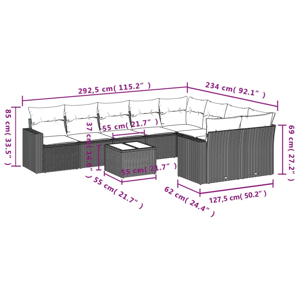 vidaXL 10-tlg. Garten-Sofagarnitur mit Kissen Beige Poly Rattan