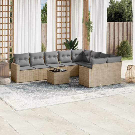 vidaXL 10-tlg. Garten-Sofagarnitur mit Kissen Beige Poly Rattan