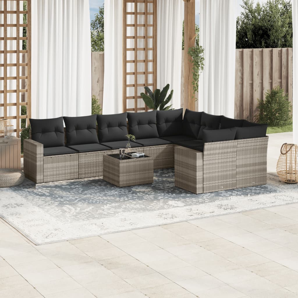 vidaXL 10-tlg. Garten-Sofagarnitur mit Kissen Hellgrau Poly Rattan