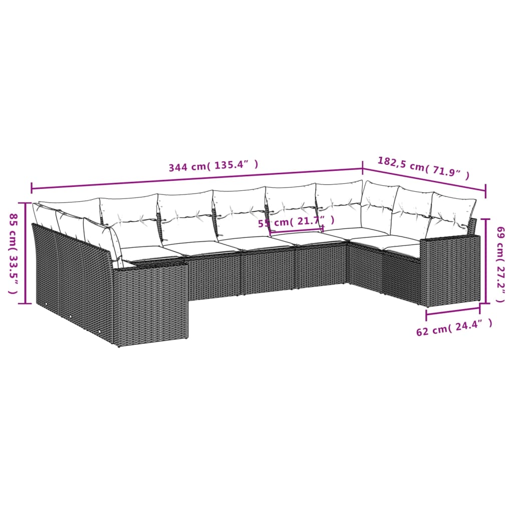 vidaXL 10-tlg. Garten-Sofagarnitur mit Kissen Schwarz Poly Rattan