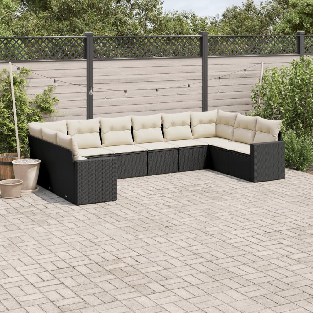 vidaXL 10-tlg. Garten-Sofagarnitur mit Kissen Schwarz Poly Rattan