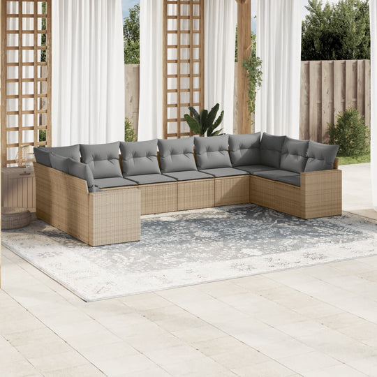 vidaXL 10-tlg. Garten-Sofagarnitur mit Kissen Beige Poly Rattan