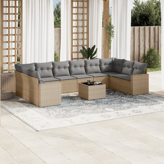 vidaXL 11-tlg. Garten-Sofagarnitur mit Kissen Beige Poly Rattan