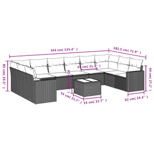 vidaXL 11-tlg. Garten-Sofagarnitur mit Kissen Hellgrau Poly Rattan