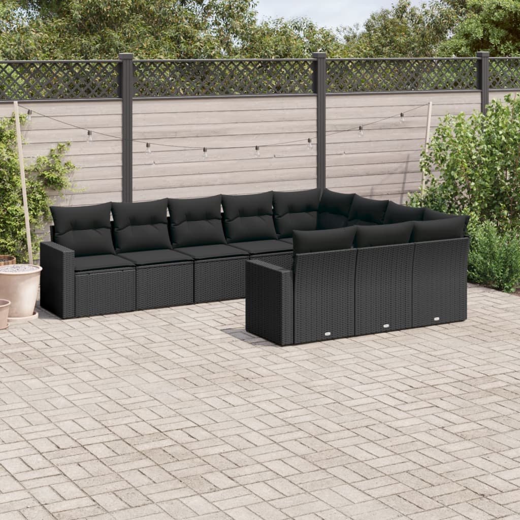 vidaXL 10-tlg. Garten-Sofagarnitur mit Kissen Schwarz Poly Rattan