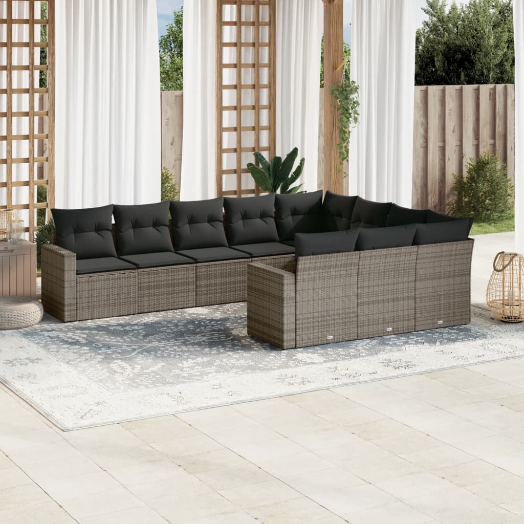 vidaXL 10-tlg. Garten-Sofagarnitur mit Kissen Grau Poly Rattan