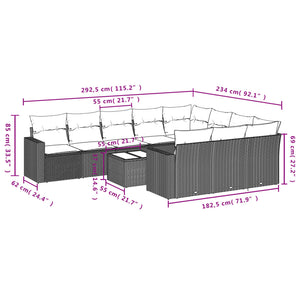 vidaXL 11-tlg. Garten-Sofagarnitur mit Kissen Schwarz Poly Rattan