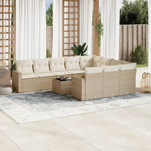 vidaXL 11-tlg. Garten-Sofagarnitur mit Kissen Beige Poly Rattan