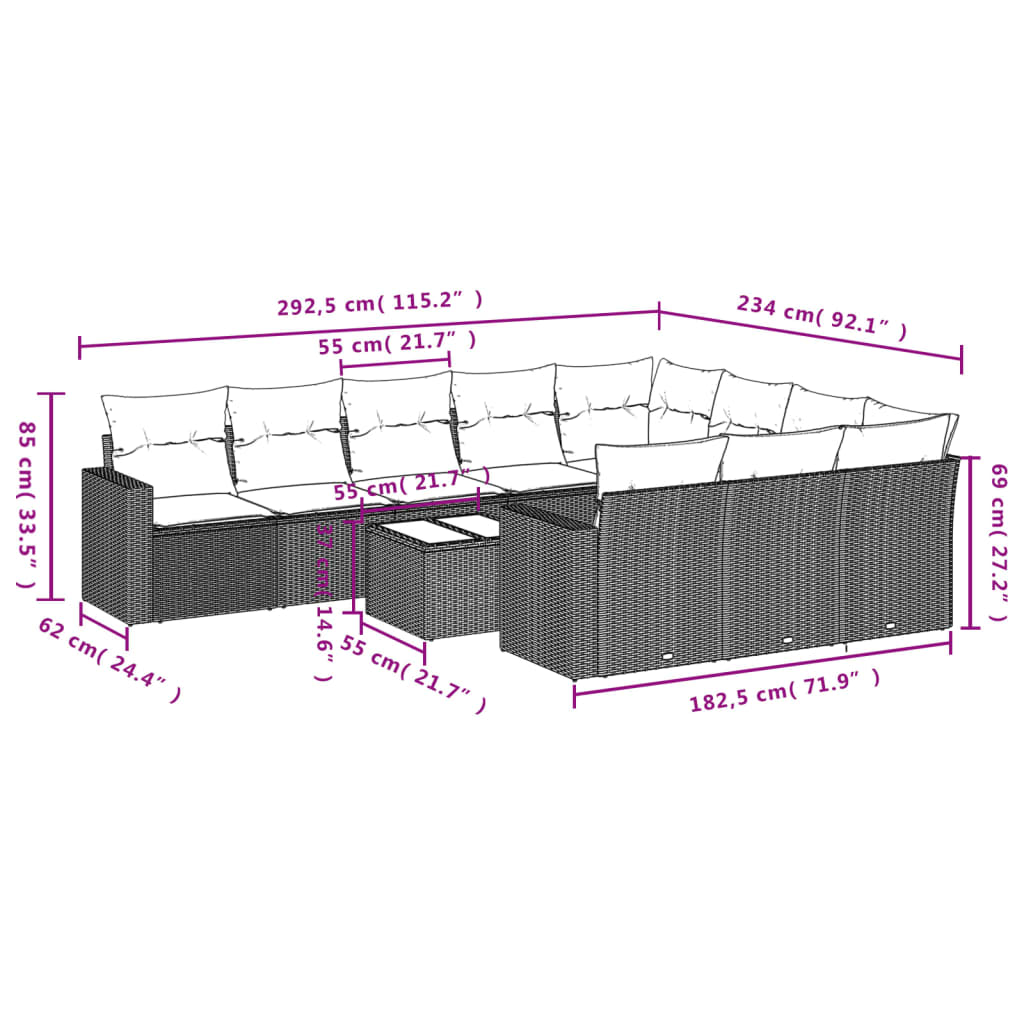 vidaXL 11-tlg. Garten-Sofagarnitur mit Kissen Hellgrau Poly Rattan