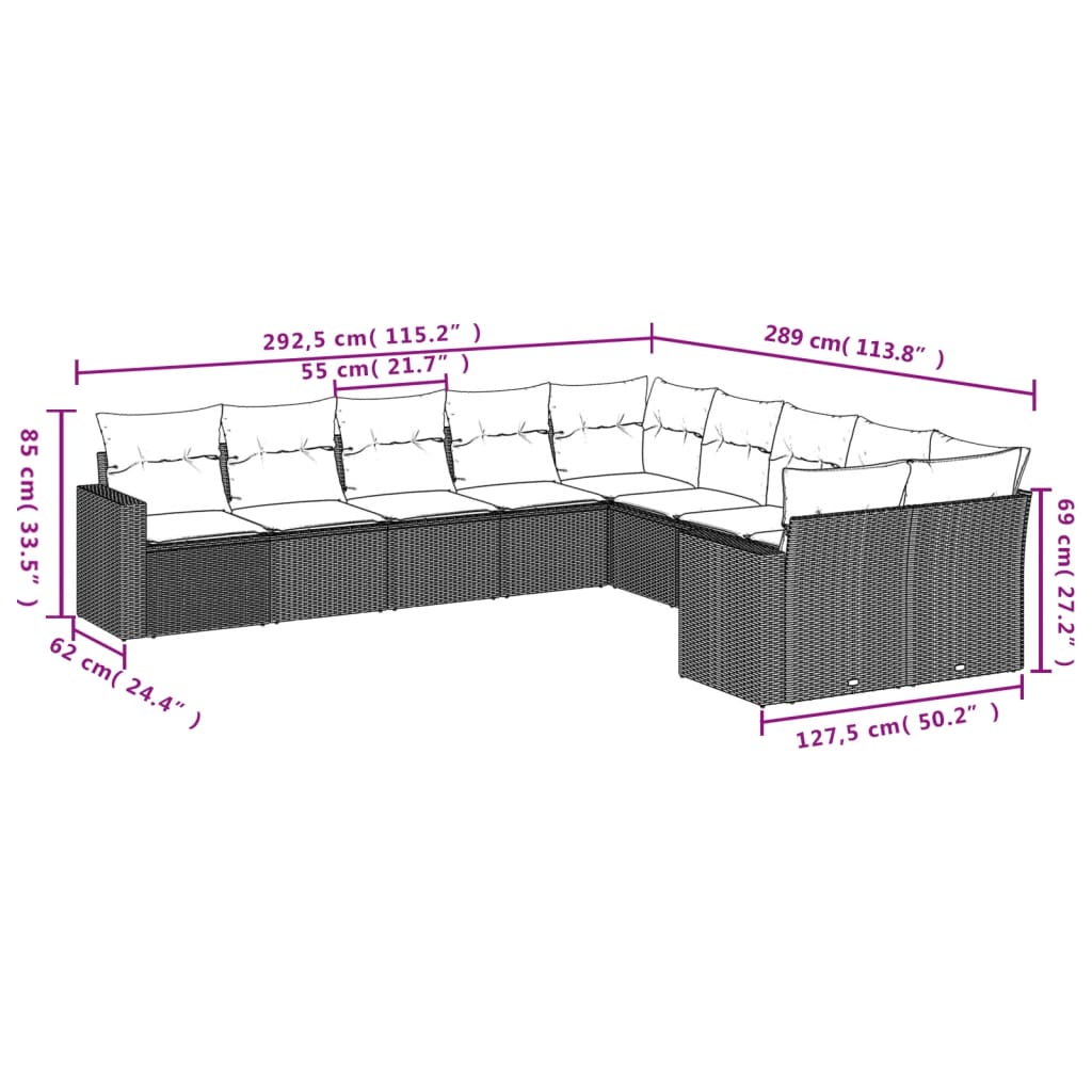 vidaXL 10-tlg. Garten-Sofagarnitur mit Kissen Hellgrau Poly Rattan