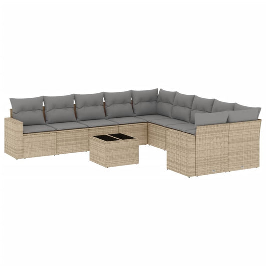 vidaXL 11-tlg. Garten-Sofagarnitur mit Kissen Beige Poly Rattan