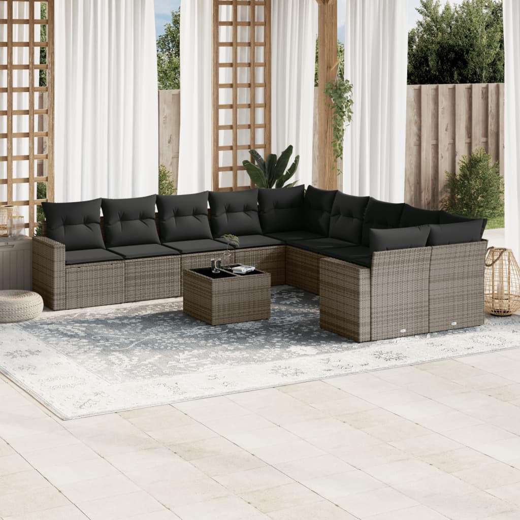 vidaXL 11-tlg. Garten-Sofagarnitur mit Kissen Grau Poly Rattan