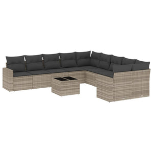 vidaXL 11-tlg. Garten-Sofagarnitur mit Kissen Hellgrau Poly Rattan