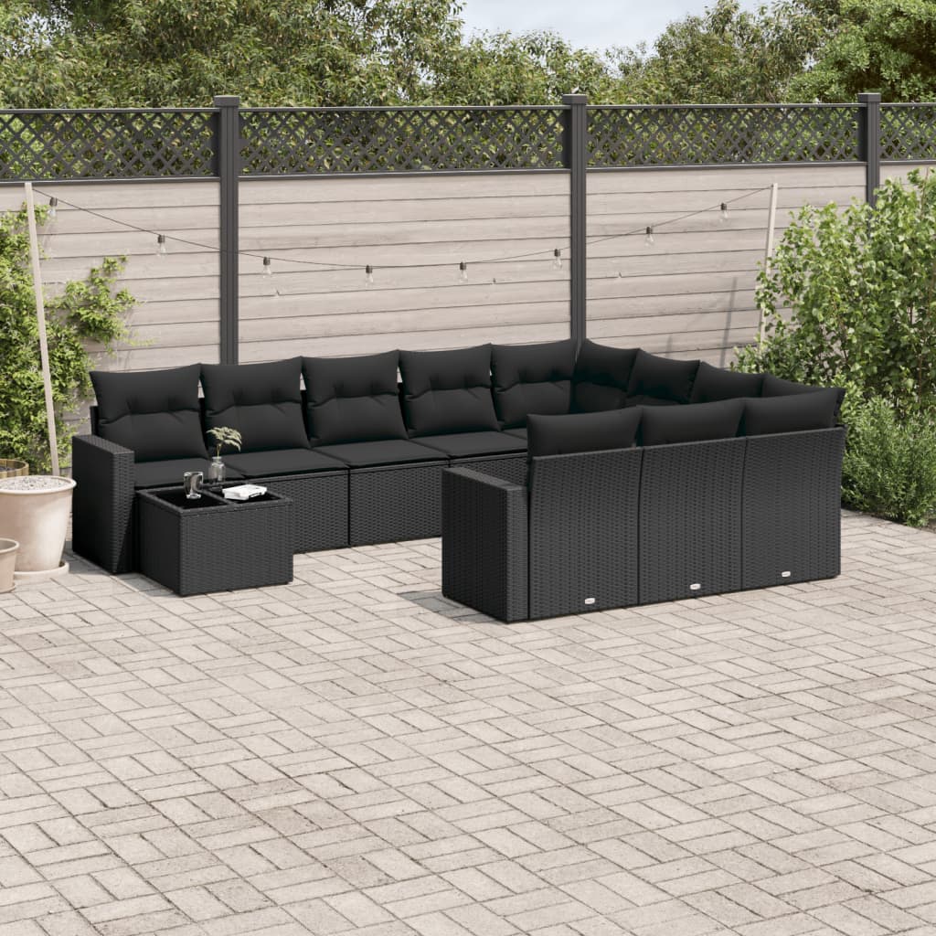 vidaXL 11-tlg. Garten-Sofagarnitur mit Kissen Schwarz Poly Rattan