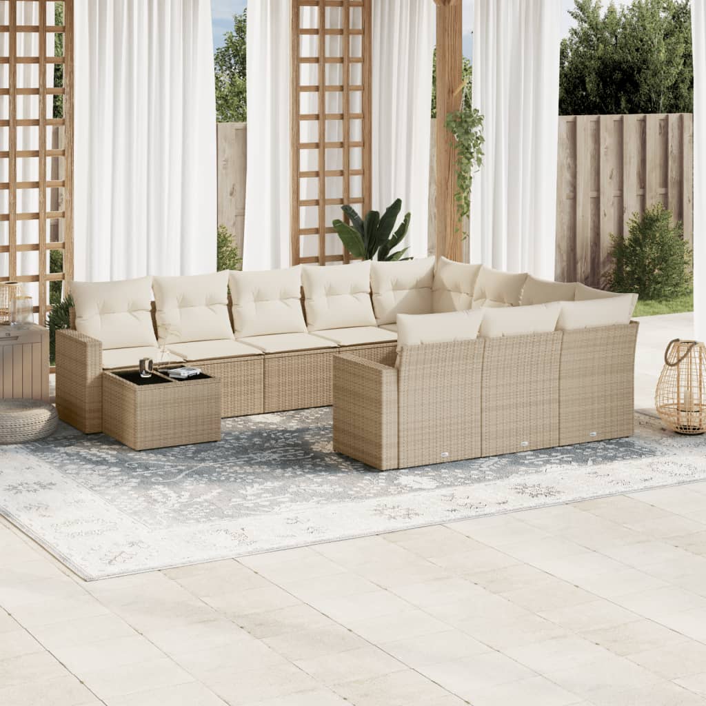 vidaXL 11-tlg. Garten-Sofagarnitur mit Kissen Beige Poly Rattan