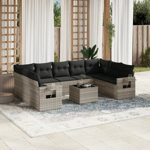 vidaXL 10-tlg. Garten-Sofagarnitur mit Kissen Hellgrau Poly Rattan