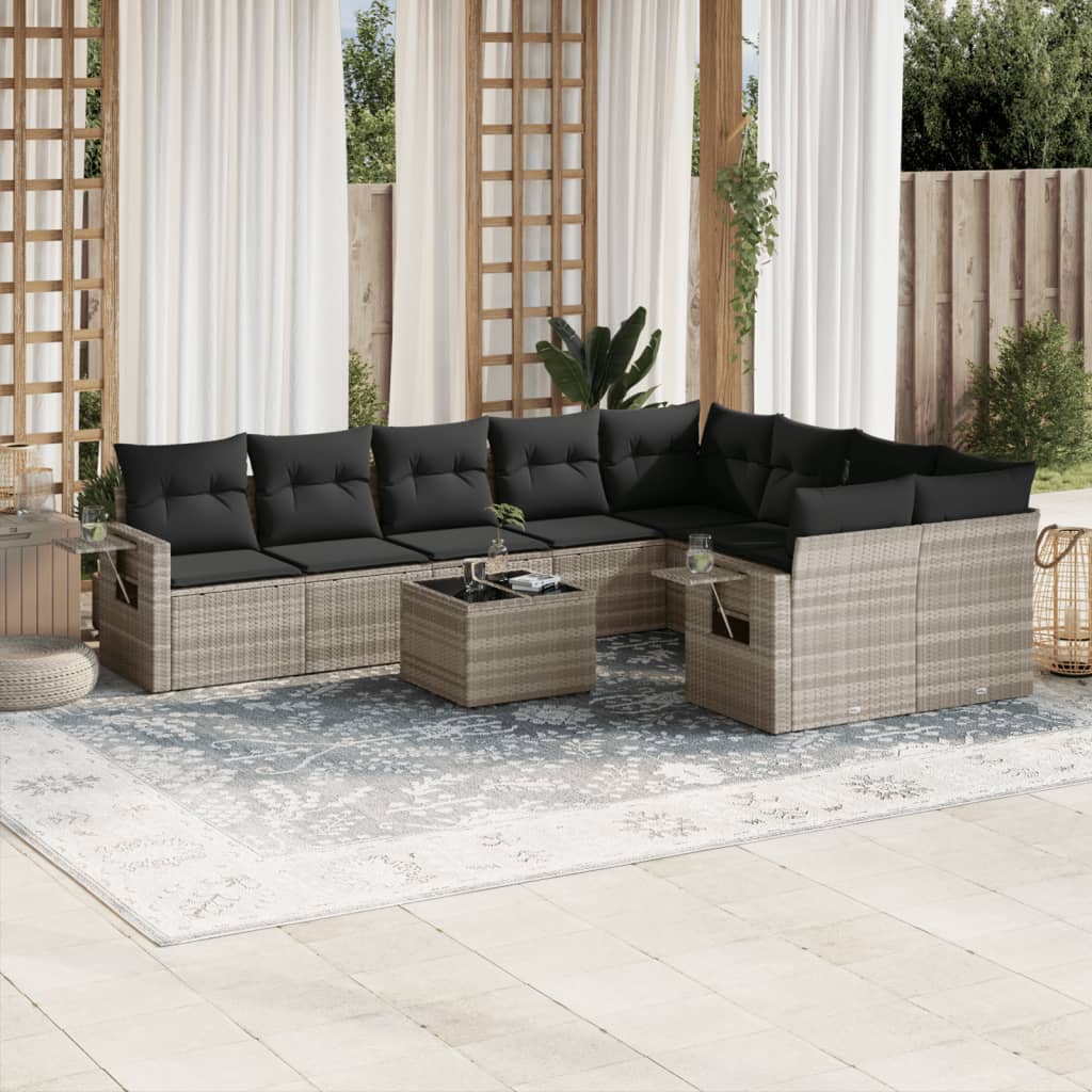 vidaXL 10-tlg. Garten-Sofagarnitur mit Kissen Hellgrau Poly Rattan