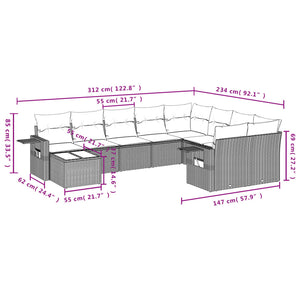 vidaXL 10-tlg. Garten-Sofagarnitur mit Kissen Hellgrau Poly Rattan