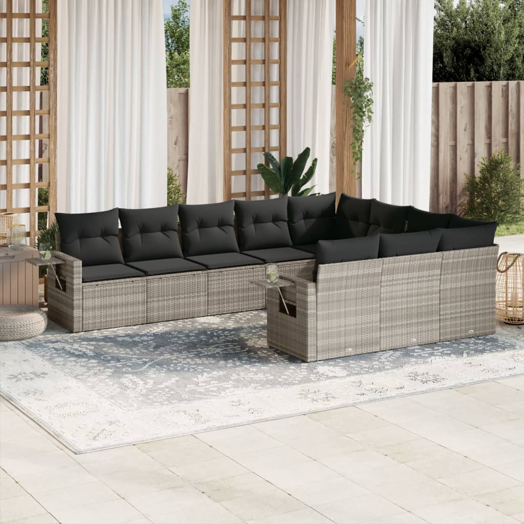 vidaXL 10-tlg. Garten-Sofagarnitur mit Kissen Hellgrau Poly Rattan